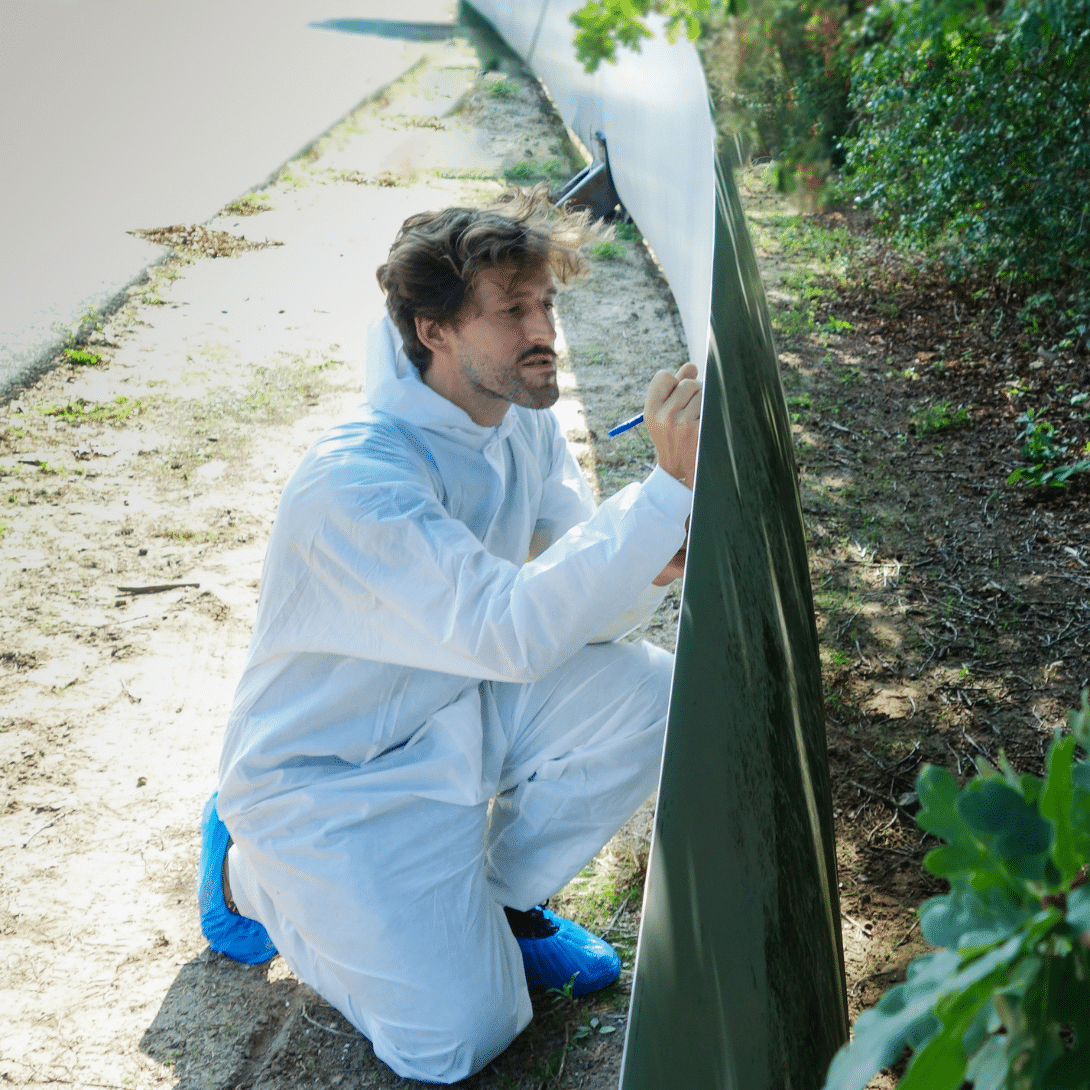 Blade repair being performed on wind turbine blade on ground by man in white jumpsuit