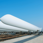 New Wind turbine blades lined up on ground