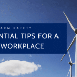 Wind turbines under a clear blue sky, with a banner titled "Essential Tips for a Safe Workplace" focused on wind farm safety.