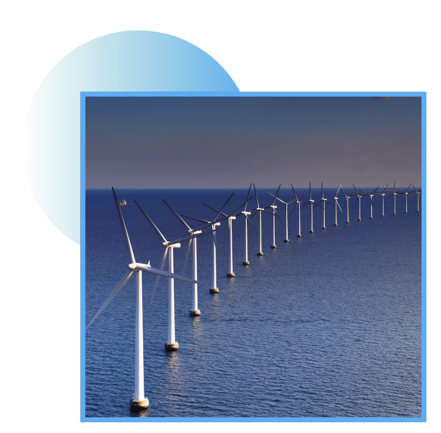 Offshore wind turbines lined up across the ocean with a boat in the distance