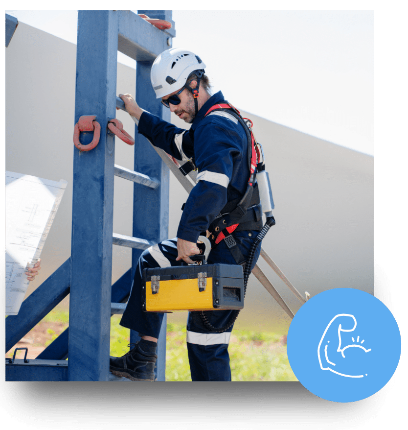 Technician climbing ladder with safety harness and tool box, demonstrating field readiness in wind energy.
