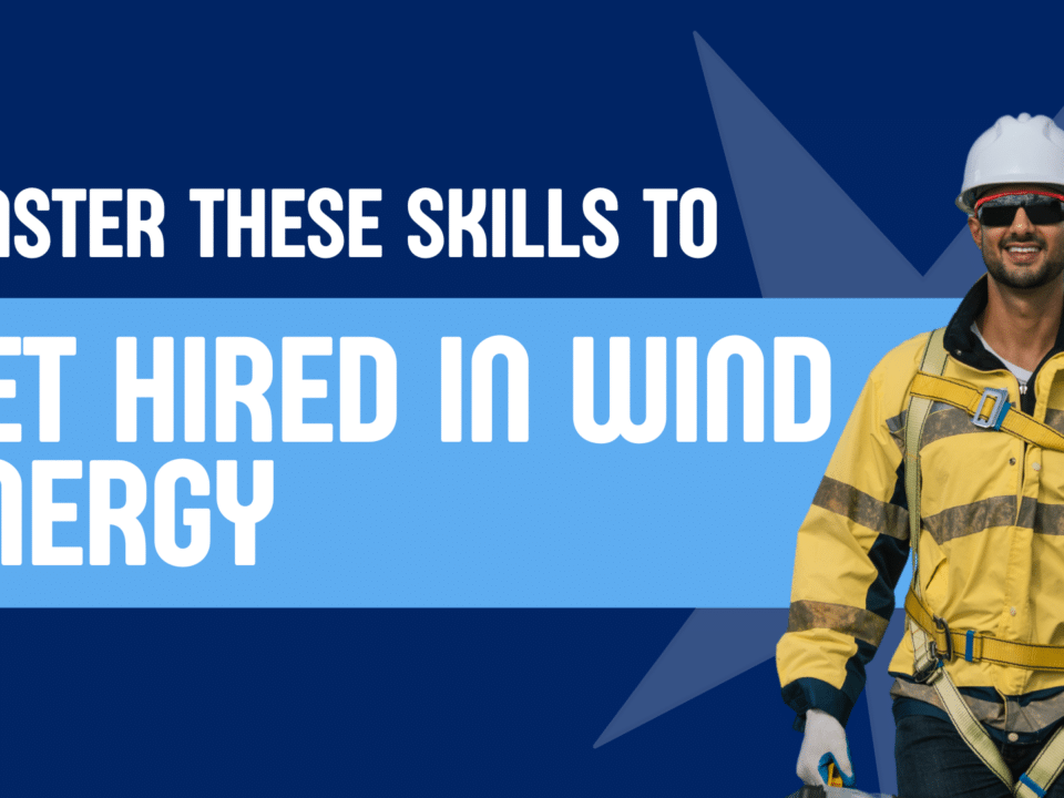 Promotional banner encouraging wind energy career skills with image of technician in PPE and bold call to action.