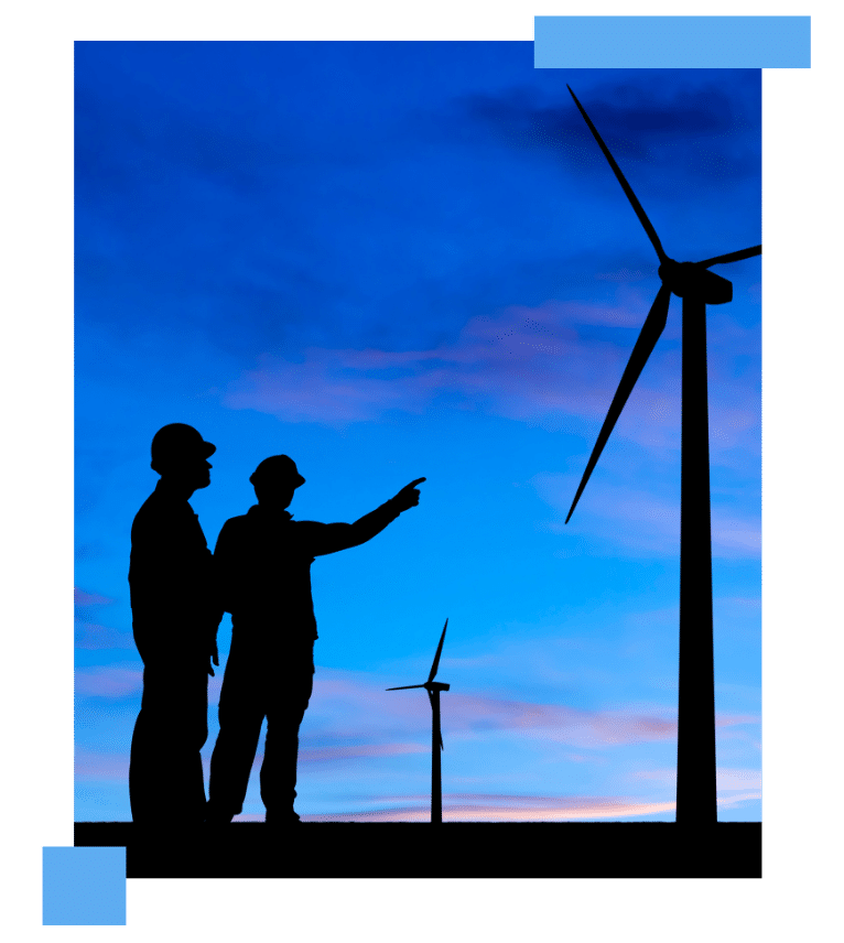 Silhouetted wind technicians discussing turbine operations as part of GWO Certification field training