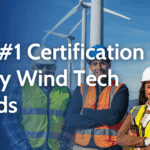 Smiling wind energy professionals promoting GWO Certification with turbines in the background