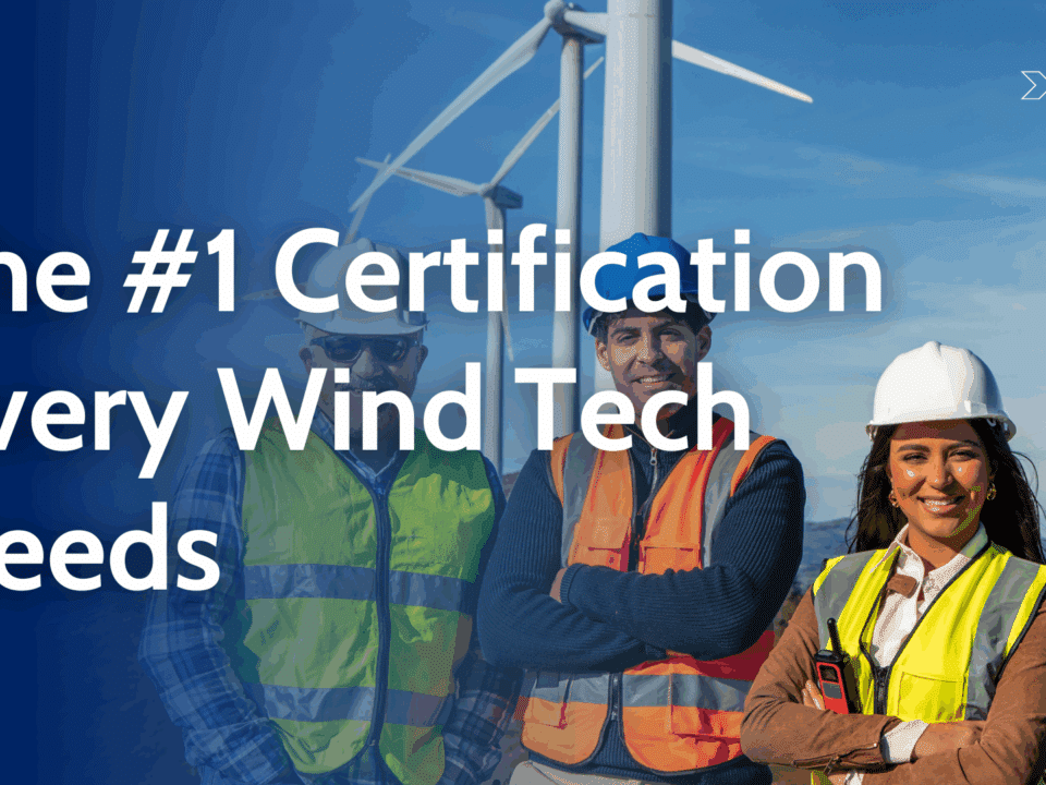 Smiling wind energy professionals promoting GWO Certification with turbines in the background