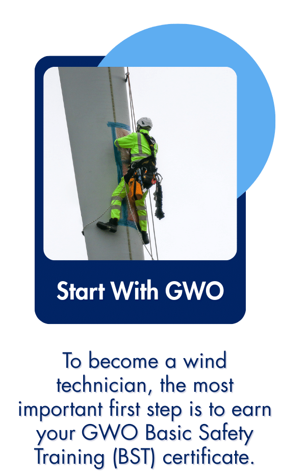 Wind technician climbing a turbine during GWO Basic Safety Training