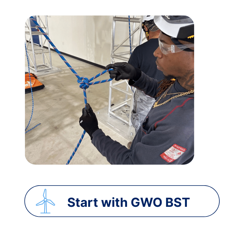 Technician practicing rope safety skills during GWO Basic Safety Training