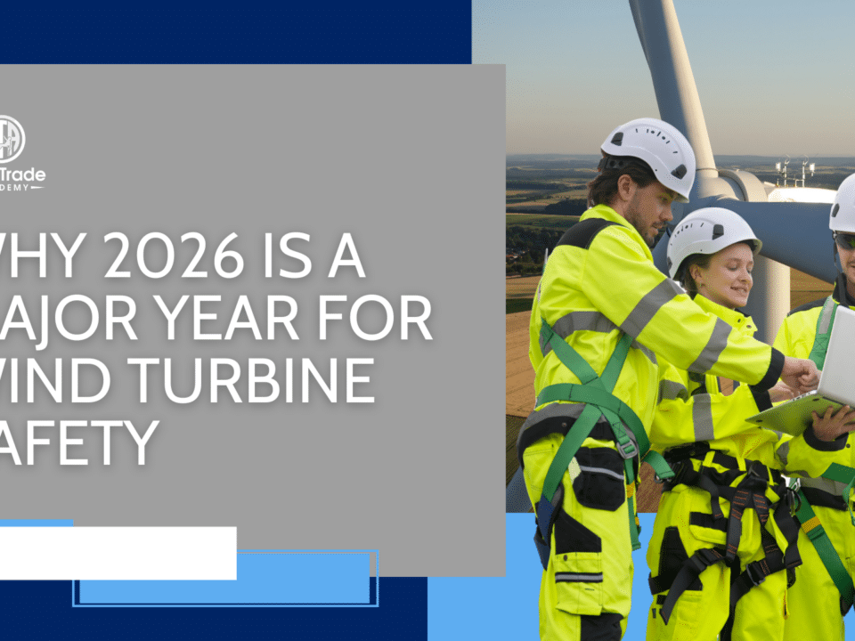 Wind technicians reviewing turbine data under updated 2026 wind turbine safety standards