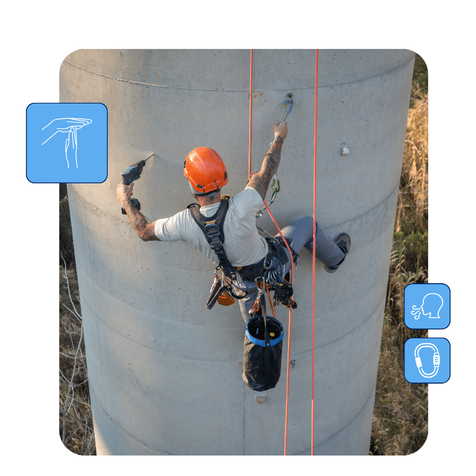 wind technician climbing turbine with safety gear in hot weather