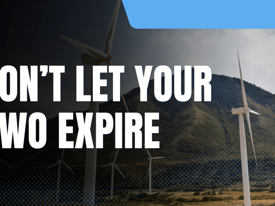 GWO certification deadline reminder with wind turbines and Wind Trade Academy branding.