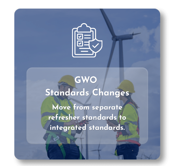 GWO standards changes graphic showing wind technicians in safety gear near a turbine.