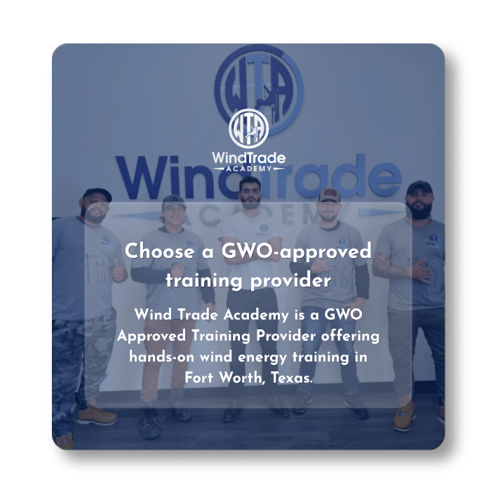 GWO-approved training provider graphic featuring Wind Trade Academy students and staff.