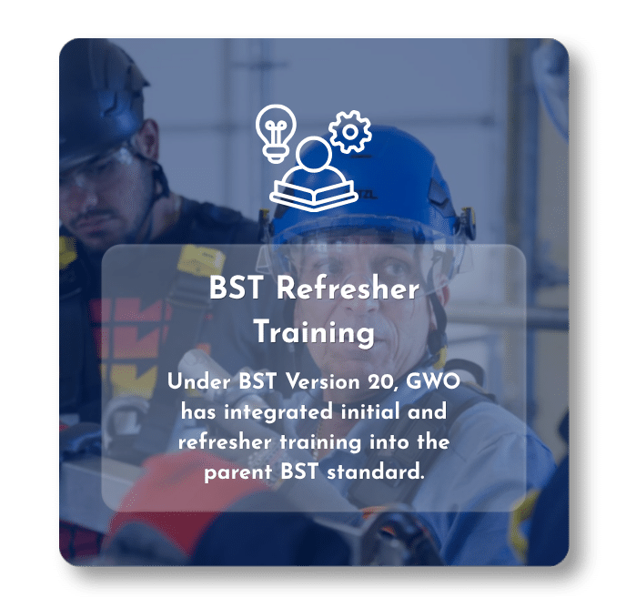 GWO BST Refresher Training graphic with wind technicians during safety training.