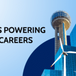 Wind Energy careers in DFW graphic featuring the Dallas skyline, wind turbines, and Wind Trade Academy branding.