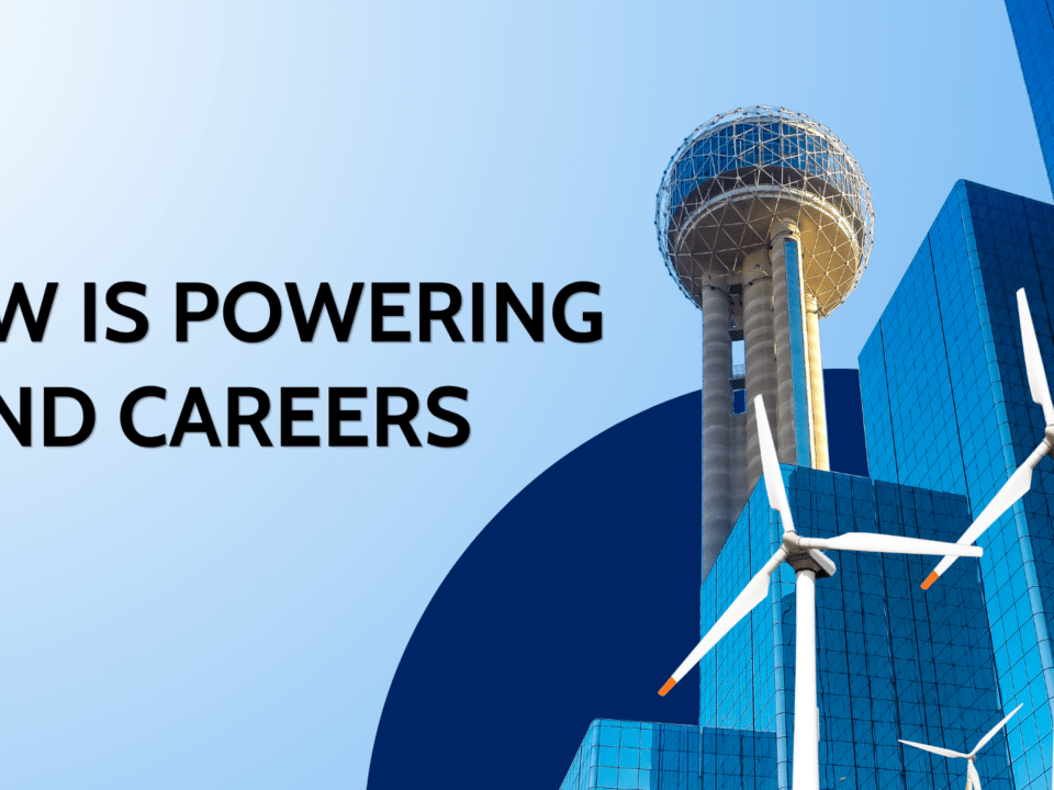Wind Energy careers in DFW graphic featuring the Dallas skyline, wind turbines, and Wind Trade Academy branding.