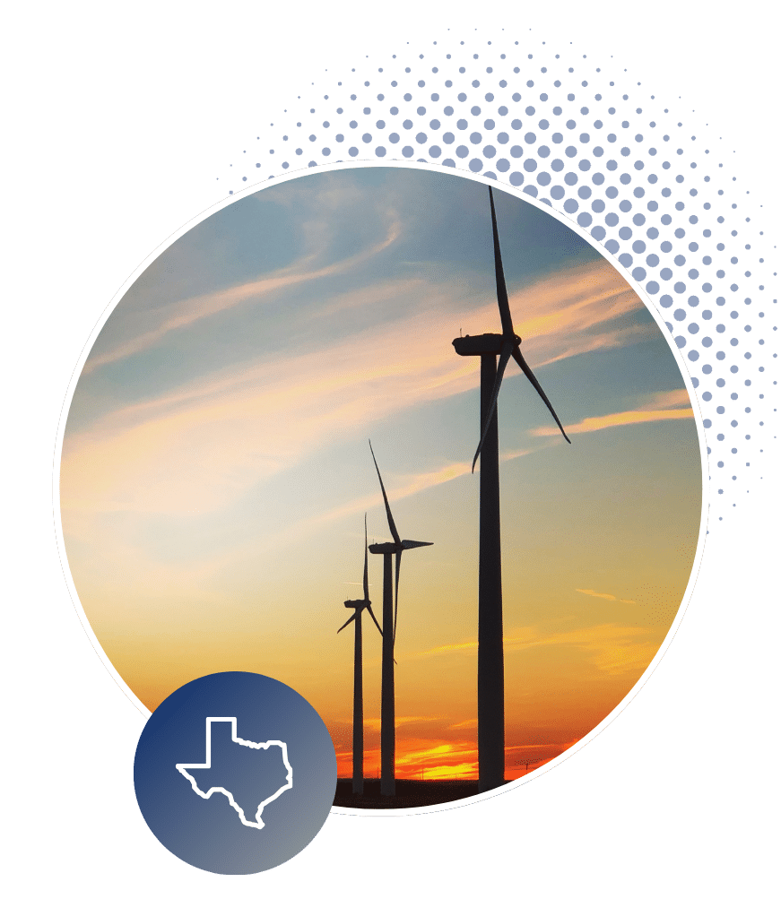 Wind turbines silhouetted at sunset, representing Texas wind energy with a circular decorative frame and Texas badge.