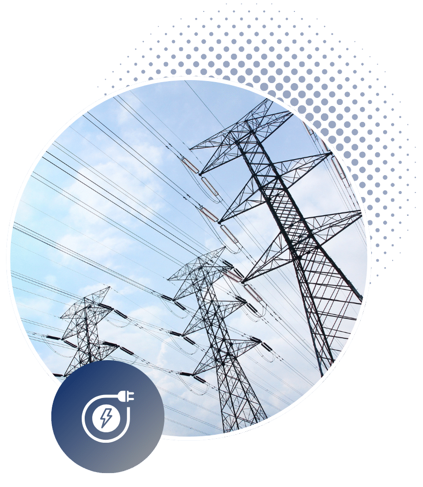 Wind Energy infrastructure concept with power transmission lines and electrical grid icon.
