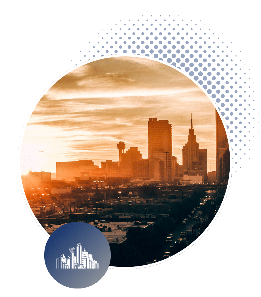 Wind Energy career growth graphic with the Dallas skyline and city icon.