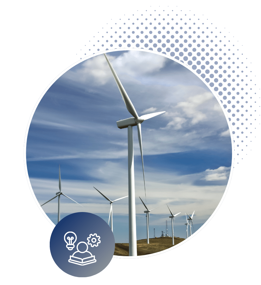 Wind Energy training graphic featuring turbines on a wind farm with an education icon.