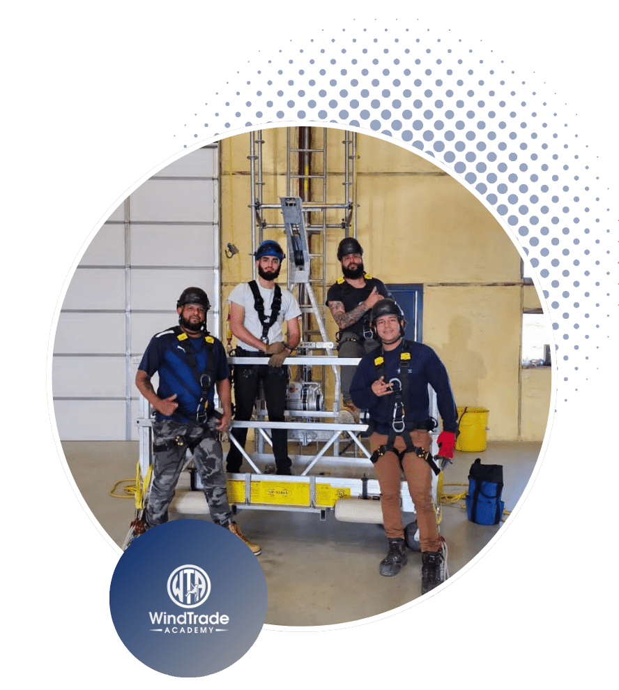 Wind Energy students at Wind Trade Academy during hands-on tower and safety training.