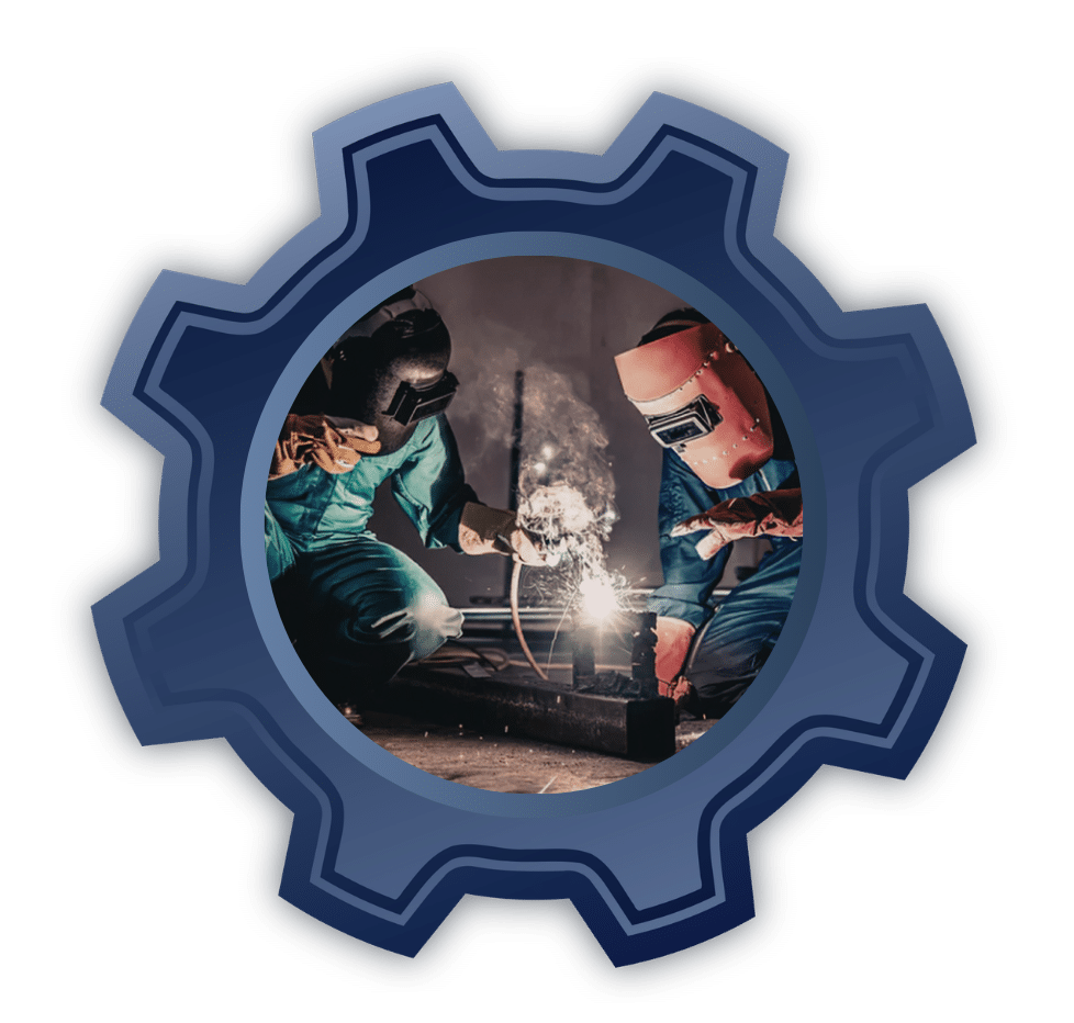 Two workers in protective gear welding metal, sparks flying inside a gear-shaped frame.