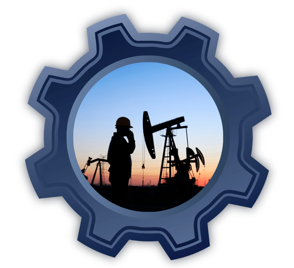 Silhouette of an oil pump jack at sunset with a worker in a hard hat nearby, framed by a blue gear border.