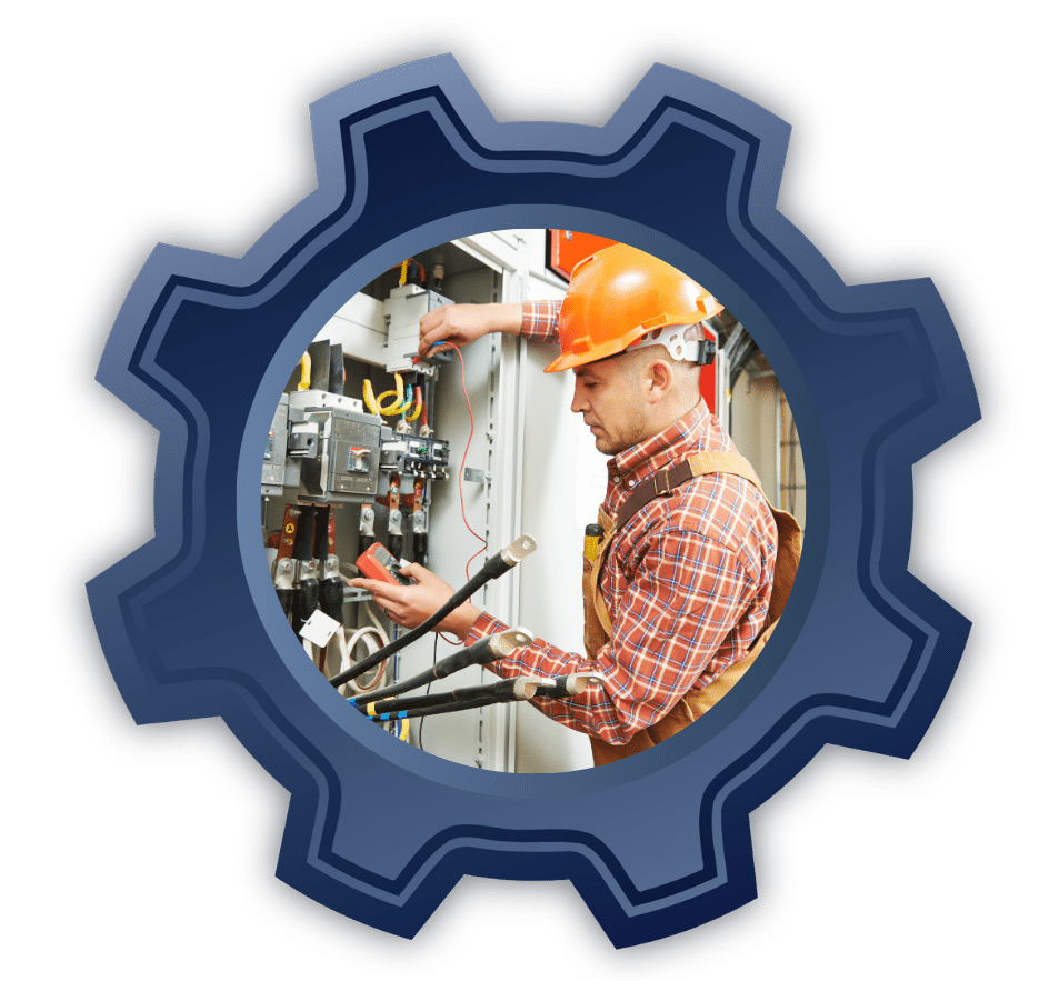 Electrician in an orange hard hat and plaid shirt servicing an electrical panel with a multimeter inside a gear-shaped graphic.