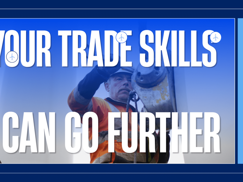 Worker in safety gear adjusting ropes on a wind turbine, overlaid with bold slogan and WindTrade Academy logo on the right.